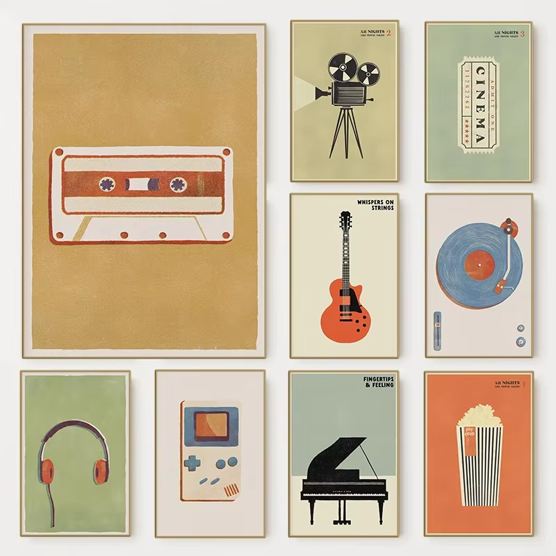 Musical Instrument Image - Retro-Mittelalterliches Pop-Musik-Instrumenten-Poster | Musikalische Leinwandkunst im
