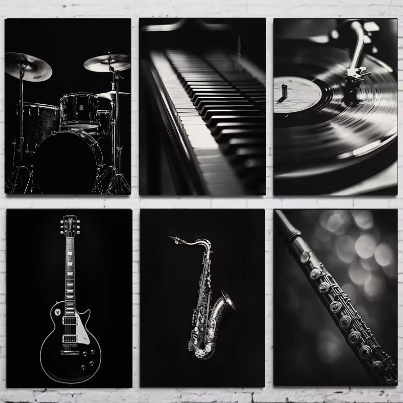 Musical Instrument Image - Modernes Schwarz-Weiß Musikinstrumenten-Poster Gitarre Trommel Klavier